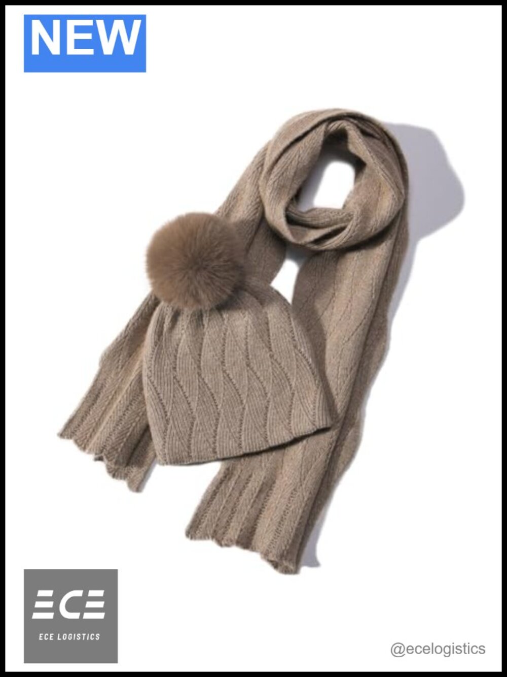 Wool Blend Knit Hat Scarf Set Detachable Pom Pom Winter Beanie